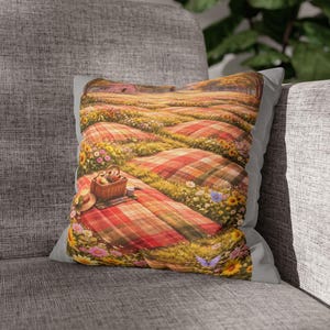 Funda de almohada con diseño de campo y patchwork para picnic campestre / Funda de almohada decorativa con paisaje floral de granero