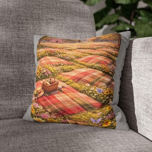 Pillowcase | Plaid Country Picnic Scene | Patchwork Fields, Sunflowers, Barn