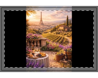 Vassoio da portata grande con scena rustica di campagna francese al tramonto tra i vigneti di lavanda / Scena rustica di campagna francese