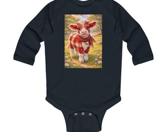 Body de bebé de manga larga / Estampado de cuadros rojos en la pantorrilla / Estampado de animales de granja