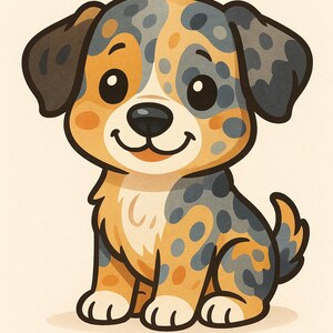 May include: A cartoon illustration of a sitting puppy with a friendly expression. The dog has a spotted coat of blue, orange, and brown, with dark brown ears and a black nose. The background is a solid, light beige colour.
