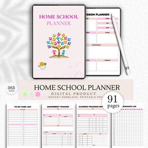 Può includere: Un planner digitale rosa e bianco con il titolo "Home School Planner" e un'illustrazione colorata di un albero con bambini. Il planner include sezioni per liste di cose da fare, tracciamento degli incarichi, report di progresso accademico e registri di presenza. È un prodotto digitale che può essere scaricato e stampato.