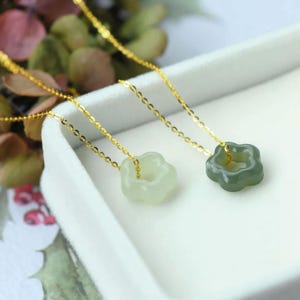 Elegant Jade Flower Necklace, Minimalist Green Pendant, Sterling Silver Adjustable Choker