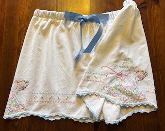 Shorts made from two vintage pillowcases, embroidered, Southern Belle, one of a kind, feminine, unique shorts, summer outfit