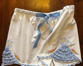 Embroidered Southern Belle Pillowcase Shorts, Blue White Crochet Trim, Vintage Inspired