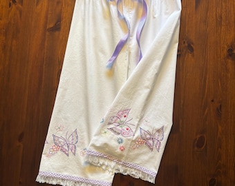 Vintage pillowcase capris with embroidered butterflies