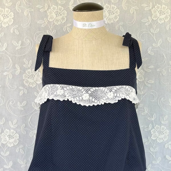 SALE!   Cute reworked mens shirt made into a crop top. Blue with white polka dots, with vintage trim and doily.