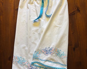 Vintage butterfly pillowcase capris, capris, butterflies, embroidered pants, pants, upcycled linens, repurposed linens, unique fashion