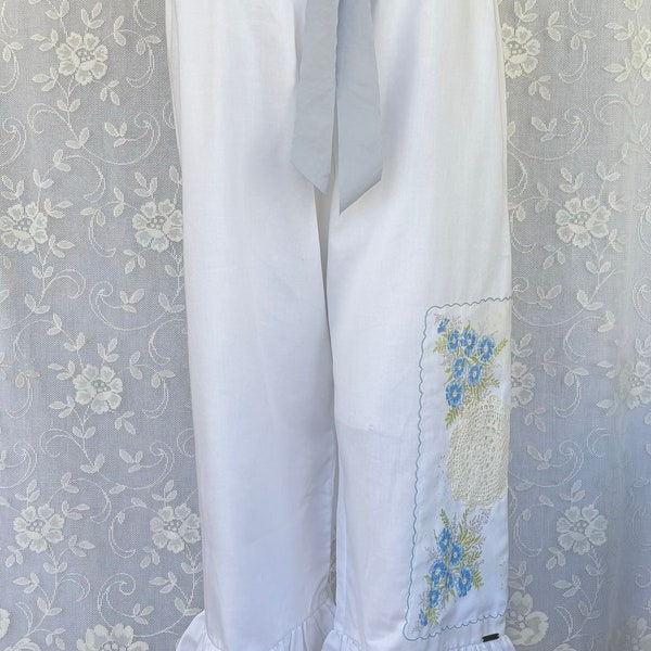 Half off sale!  Ruffle pants with vintage hanky and doily