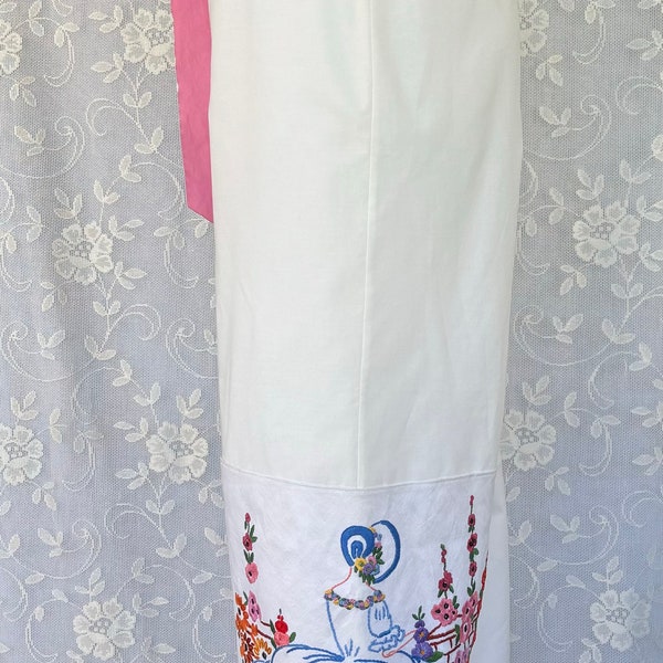 Half off SALE! Ruffle pants with Vintage table runner, hand embroidered table runner