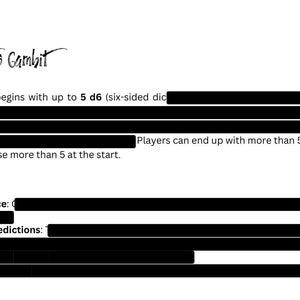 以下が含まれることがあります： Ye Pirate's Gambit ボードゲームのルール。各プレイヤーは、最大5つの6面ダイスでゲームを開始します。プレイヤーは5つ以上のダイスでゲームを終えることができますが、ゲーム開始時に5つ以上のダイスを購入することはできません。ラウンド：1. ダイスを振る、2. 予測をする、3.