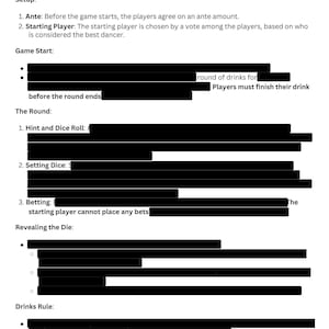 以下が含まれることがあります： 「パーティ・バード・バラージュ」というパーティーゲームの印刷可能なゲーム説明書です。このゲームには20面ダイスが必要で、プレイヤーはラウンドが終了する前にドリンクのラウンドを終える必要があります。