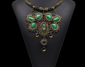 Green malachite agate set Bronze Necklace Earrings