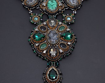Green Malachite Statement Big Choker Onyx Swarovski Pearls Earrings Necklace