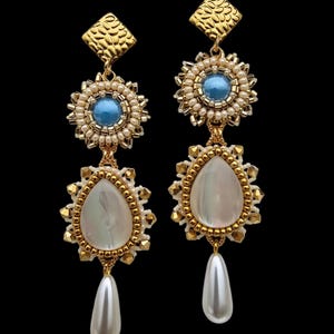 Beaded Embroidered Earring, Beaded Statement Wedding Earrings, Large Pearl Drop Earrings, Embroidery Bead Earrings, OOAK Beaded Earrings