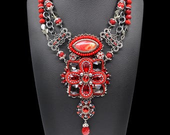 Red & Silver Bead Embroidery Statement Necklace – Chunky Bib Collar, Handmade Beaded Jewelry Gift
