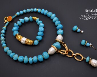 Ocean Blue Jade Pearl Three 4set Ring Elastic Bracelet gold