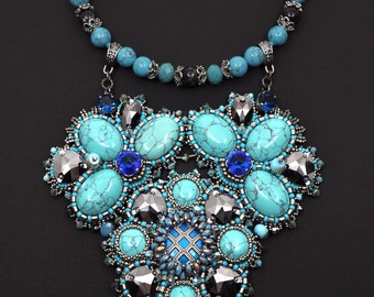 Turquoise Howlite Bib Choker Statement Seed Bead Embroidery Swarovski Bib Set Necklace Earrings