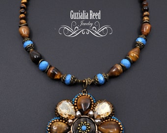 Tiger eye shell crystal ocean blue necklace Bead embroidered Set