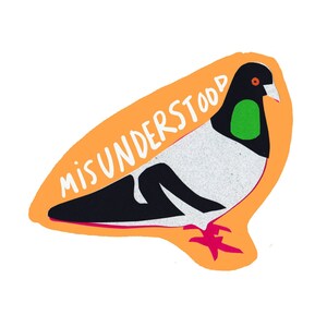 May include: An orange sticker with a black and white pigeon illustration and the text "misunderstood" in white.