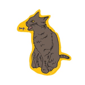May include: A yellow sticker with a cartoon illustration of a gray cat sitting and saying "sup."
