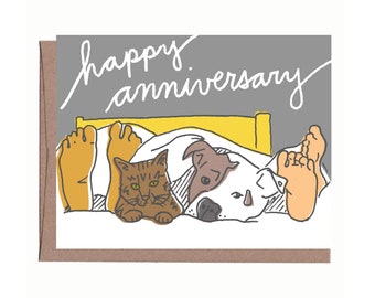 Pets in Bed Anniversary Card