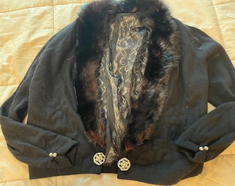 FLASH SALE! Vintage 100% Cashmere, Mink Fur Collar, Laced Lined, Black