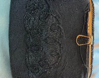 Rare Vintage 1950s Black Beaded Floral Georges Delor Evening Bag