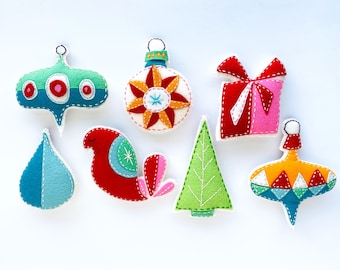 Retro Modern Christmas PDF Pattern, a Hand Sewn Wool Felt Ornament Set, DIY Christmas Gifts for Family, Handmade Holiday Decorations