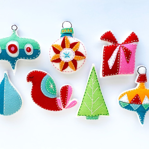 Retro Modern Christmas PDF Pattern, a Hand Sewn Wool Felt Ornament Set, DIY Christmas Gifts for Family, Handmade Holiday Decorations