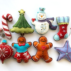 Felt Embroidery Christmas Ornaments Sewing Pattern Set - Handmade Holiday Decor - PDF Digital Download - Stuffed Hand Sewn Ornaments