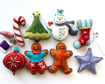 Felt Embroidery Christmas Ornaments Sewing Pattern Set - Handmade Holiday Decor - PDF Digital Download - Stuffed Hand Sewn Ornaments