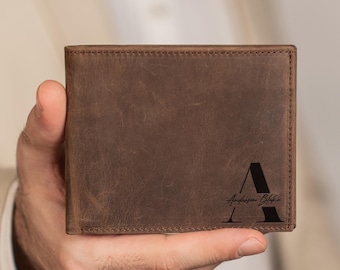 Personalized Full Grain Leather Trifold Wallet - Custom Engraved Mens Wallet - Handmade Gift for Dad, Husband, Godfather