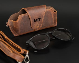 Personalized Leather Glasses Case with Strap – Sunglasses Holder with Shoulder&Wrist Strap –  Custom Gift for Him and Her