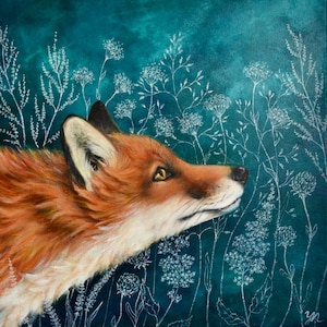 EDGE – Original Acrylic Painting on Canvas, Fox in Deep Green, Moody Nature Art, Part of Whisperwild Series, 40x40 cm