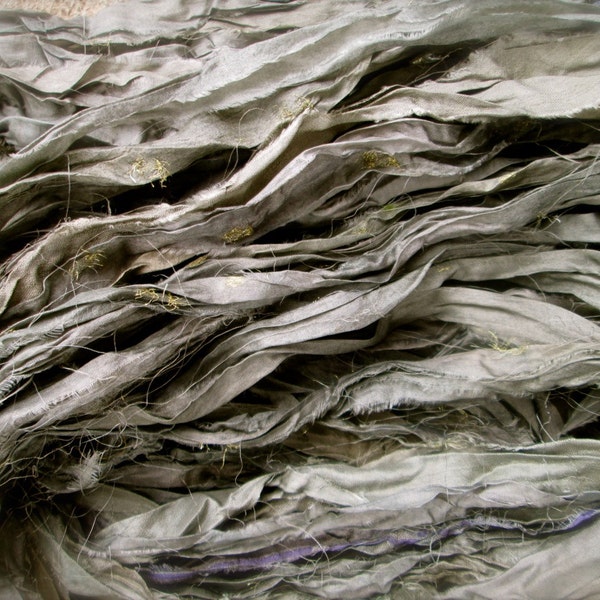 Storm Cloud Gray Recycled Sari Silk Eyelash Ribbon 5 or 10 Yards for Yarn Jewelry Weaving Spinning Boho Mixed Media SUPER FAST SHIPPING!