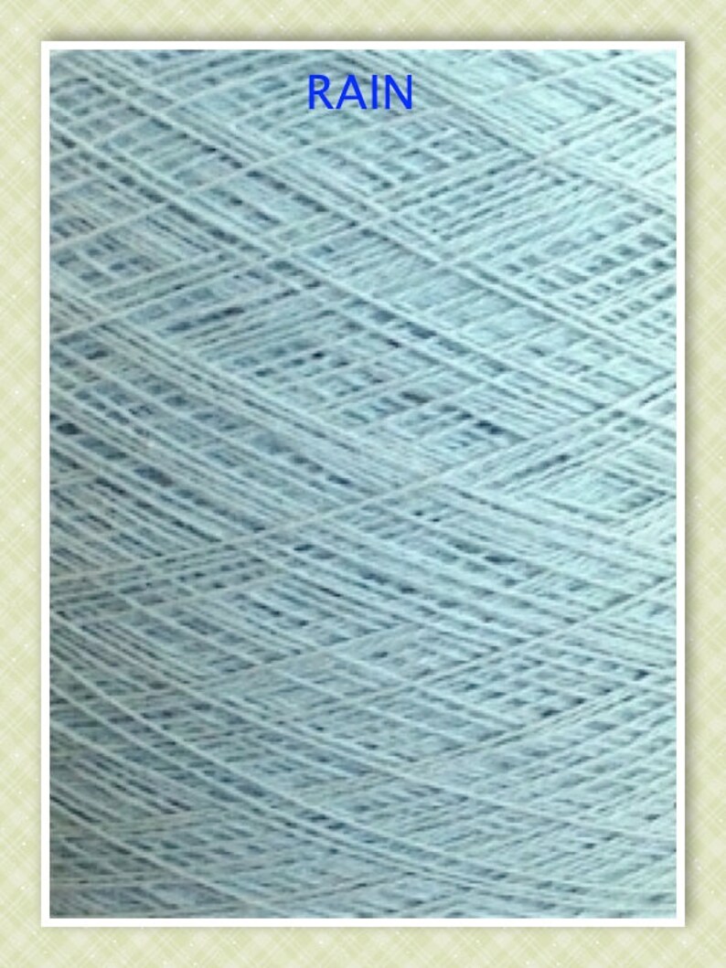 May include: A close-up of a light blue skein of yarn. The yarn is tightly wound and has a smooth texture.