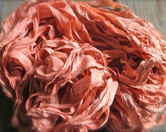 Flamboyant Flamingo Recycled Sari Silk Thin Ribbon Yarn 5 - 10 Yards for Jewelry Weaving Spinning & Mixed Media