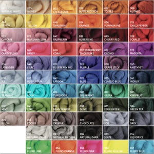 May include: A color chart featuring sixty-eight swatches of wool roving arranged in a grid. Each square displays a unique color with a corresponding number and name, ranging from natural white, honey, and lemon to vibrant shades like fluro lime and blue.