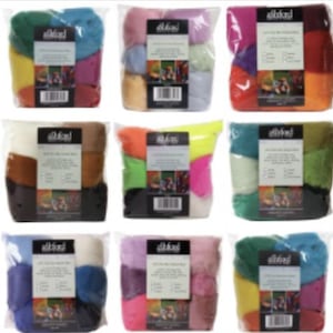 May include: Nine packages of felting wool in various colors, including red, blue, green, yellow, orange, brown, and white. Each package contains four balls of wool and has a label that says "alfred's" and "felting wool".