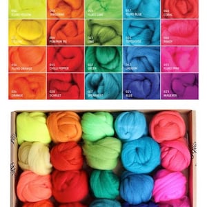 May include: A sampler pack of 18 Corriedale wool slivers in bright colors, including yellow, orange, red, green, blue, and pink. The slivers are arranged in a box, with each color represented by a single ball of wool.