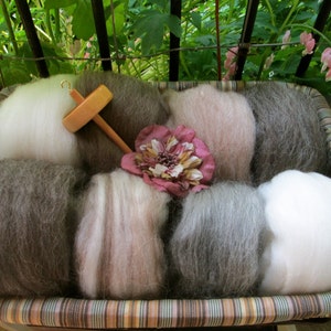 May include: A basket filled with various shades of wool roving, including white, gray, and brown. A wooden spindle rests on top, and a pink flower adds a decorative touch. The basket is set against a backdrop of greenery.