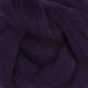 May include: A close-up of a deep purple wool roving. The wool is soft and fluffy, and it is perfect for felting or spinning.