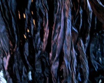 Midnight Blue Recycled Sari Silk Ribbon 5, 10 Yards or Full Skein Ribbon Jewelry Weaving Spinning BOHO SUPERFAST Shipping!