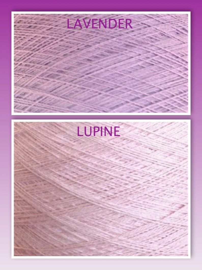 May include: Two skeins of yarn, one labeled "LAVENDER" and the other "LUPINE". Both skeins are a light purple color.