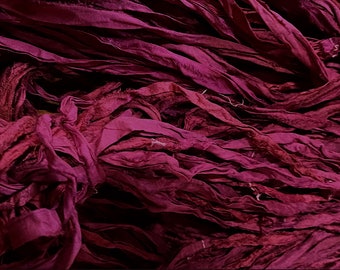 Cranberry Recycled Sari Ruby Silk Ribbon 5 or 10 Yards Jewelry Weaving Spinning & Mixed Media