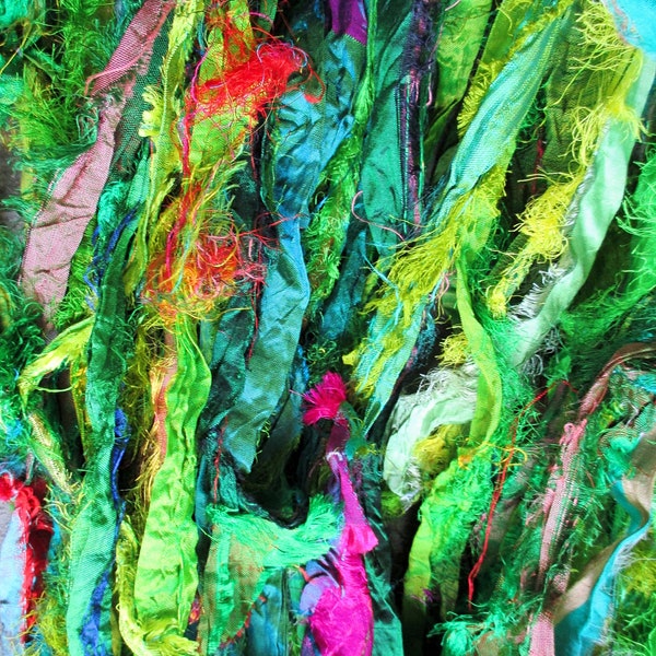 Frilly Fuzzy Greens Ultimate Eyelash Sari Silk Ribbon 5 - 10 Yards or Full Skein SUPER FAST SHIPPING!