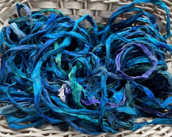 Smokey Peacock Blues Recycled Sari Silk Ribbon 5 or 10 Yards for Yarn Jewelry Weaving Spinning Super Fast Shipping!