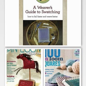 May include: A collection of books and tools related to weaving. The top book is titled "A Weaver's Guide to Swatching." Other books include "Pin Loom Weaving" and "100 Loom Squares." Various weaving tools are also shown.
