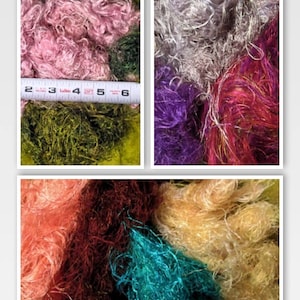 May include: Assortment of colorful, fluffy fibers in various shades of pink, green, purple, red, orange, brown, and yellow. The fibers are arranged in a random pattern and appear to be soft and delicate.